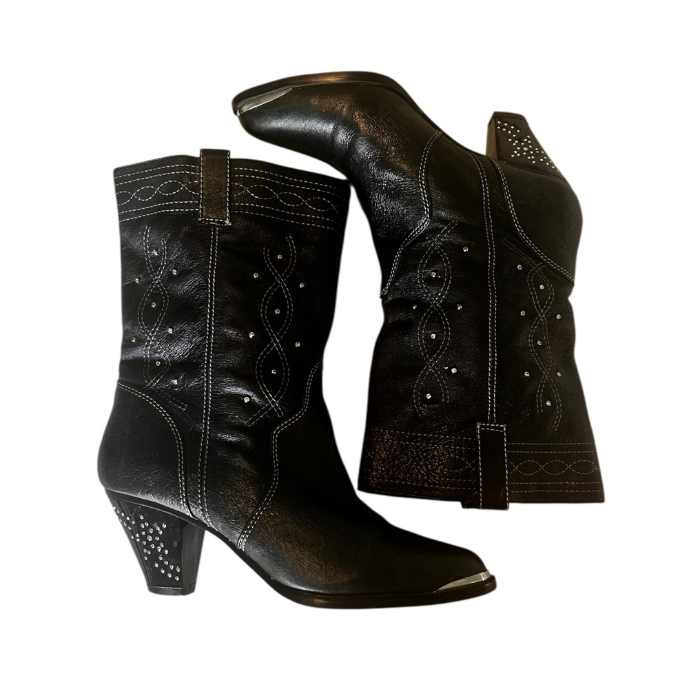 Dingo 1969 Black Leather Western-Style Women Cowboy Boots rhinestones size 6.5
